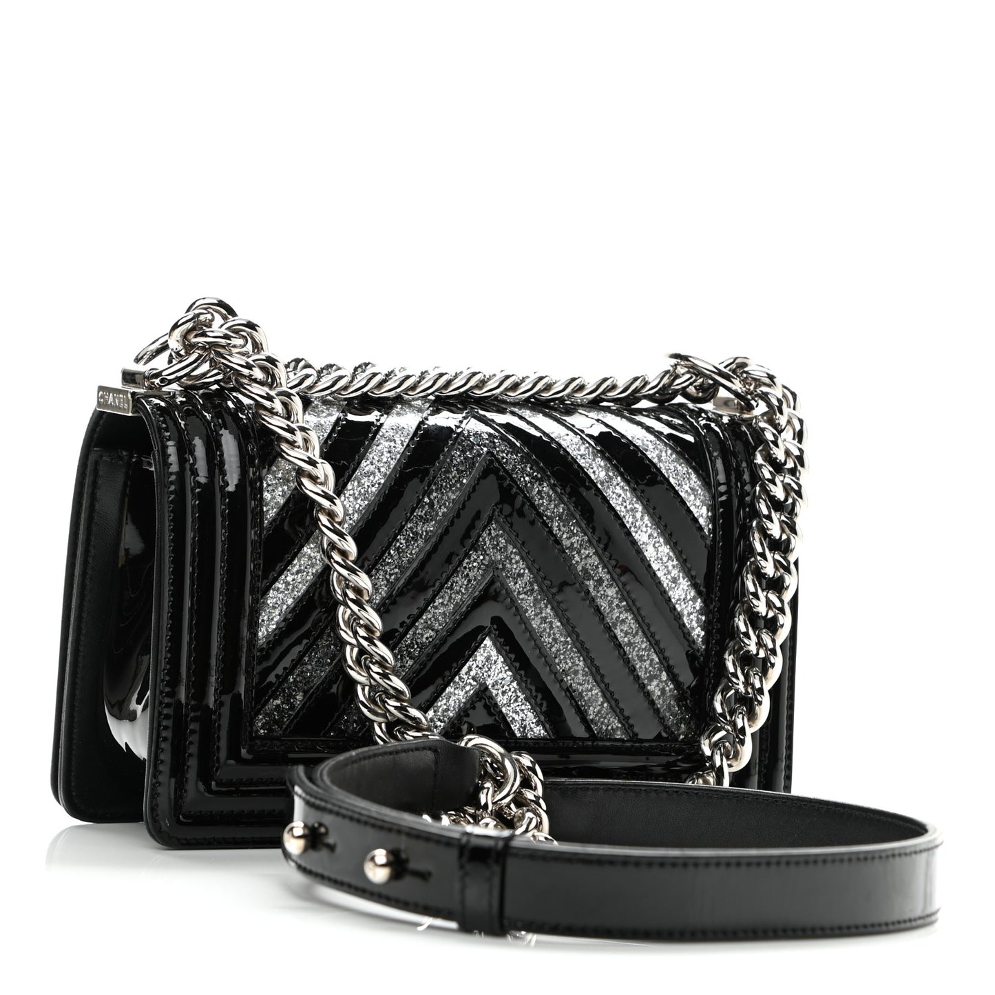 Patent Glitter PVC Chevron Quilted Small Boy Flap Black Silver