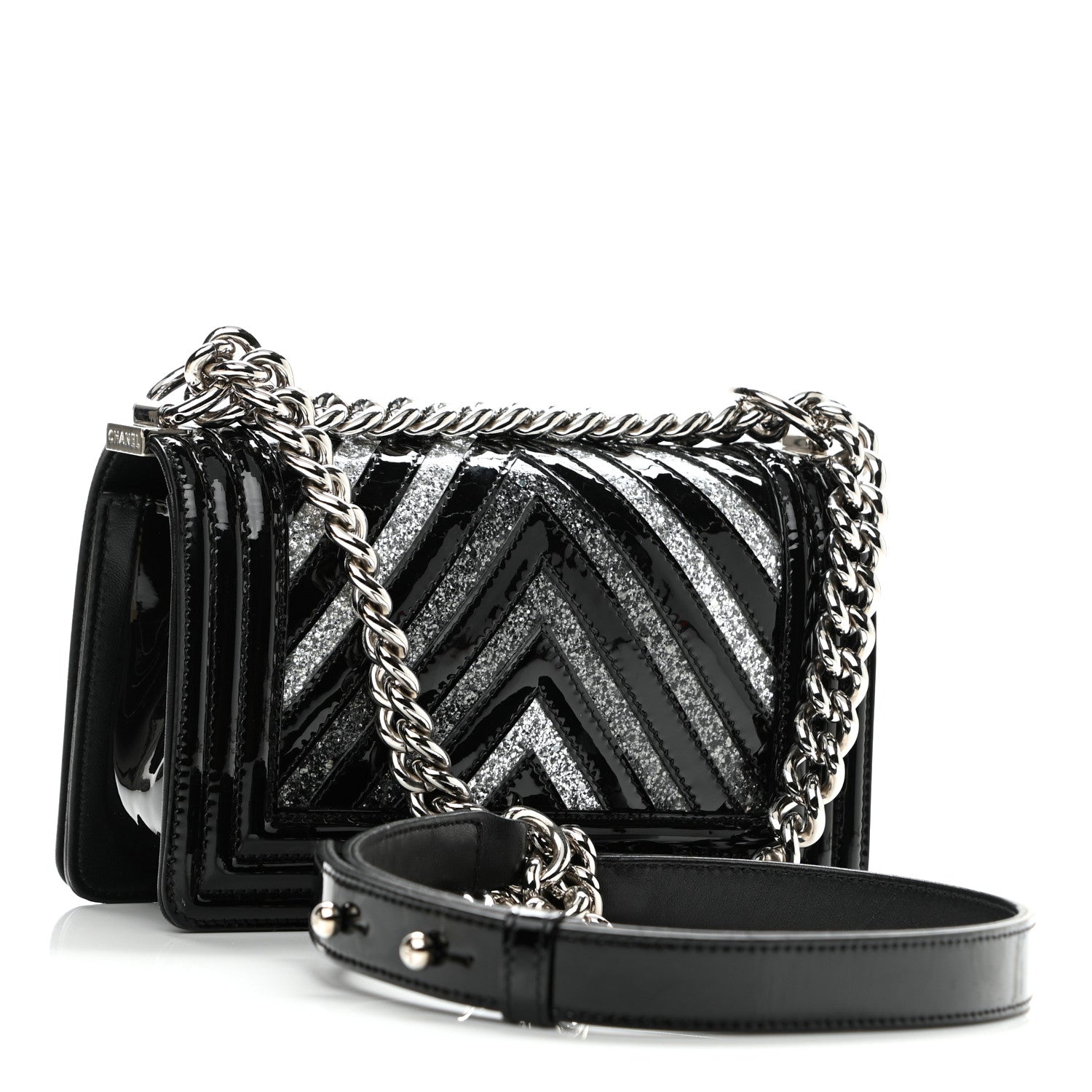 Chanel Patent Glitter PVC Chevron Quilted Small Boy Flap Black Silver 2 of 10