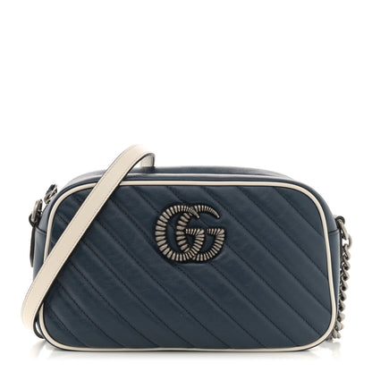 Gucci Vintage Effect Calfskin Matelasse Diagonal Small Torchon GG Marmont Chain Shoulder Bag Blue Agata Mystic White 1 of 11