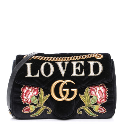 Gucci Velvet Matelasse Loved Embroidered Medium GG Marmont Shoulder Bag Black 1 of 8