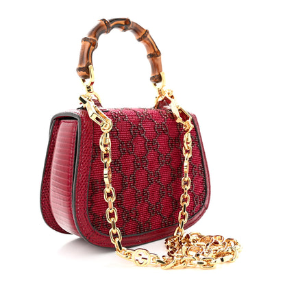 Gucci Moire Fabric Calfskin Rhinestone Monogram Monochrome Lizard Embossed Mini Bamboo 1947 Top Handle Chain Bag Red 3 of 9