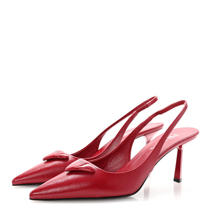 Prada Vernice Saffiano Triangle Logo Pointed Toe 75mm Slingback Pumps 37 Cherry Red 4 of 9