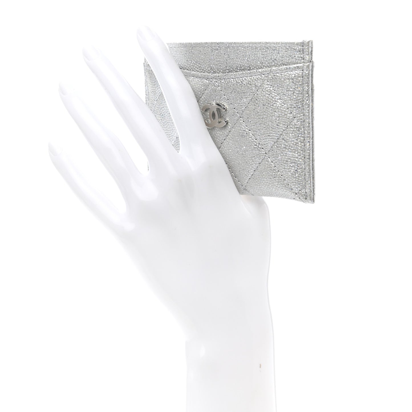 Glittered Metallic Caviar Quilted Card Holder Silver