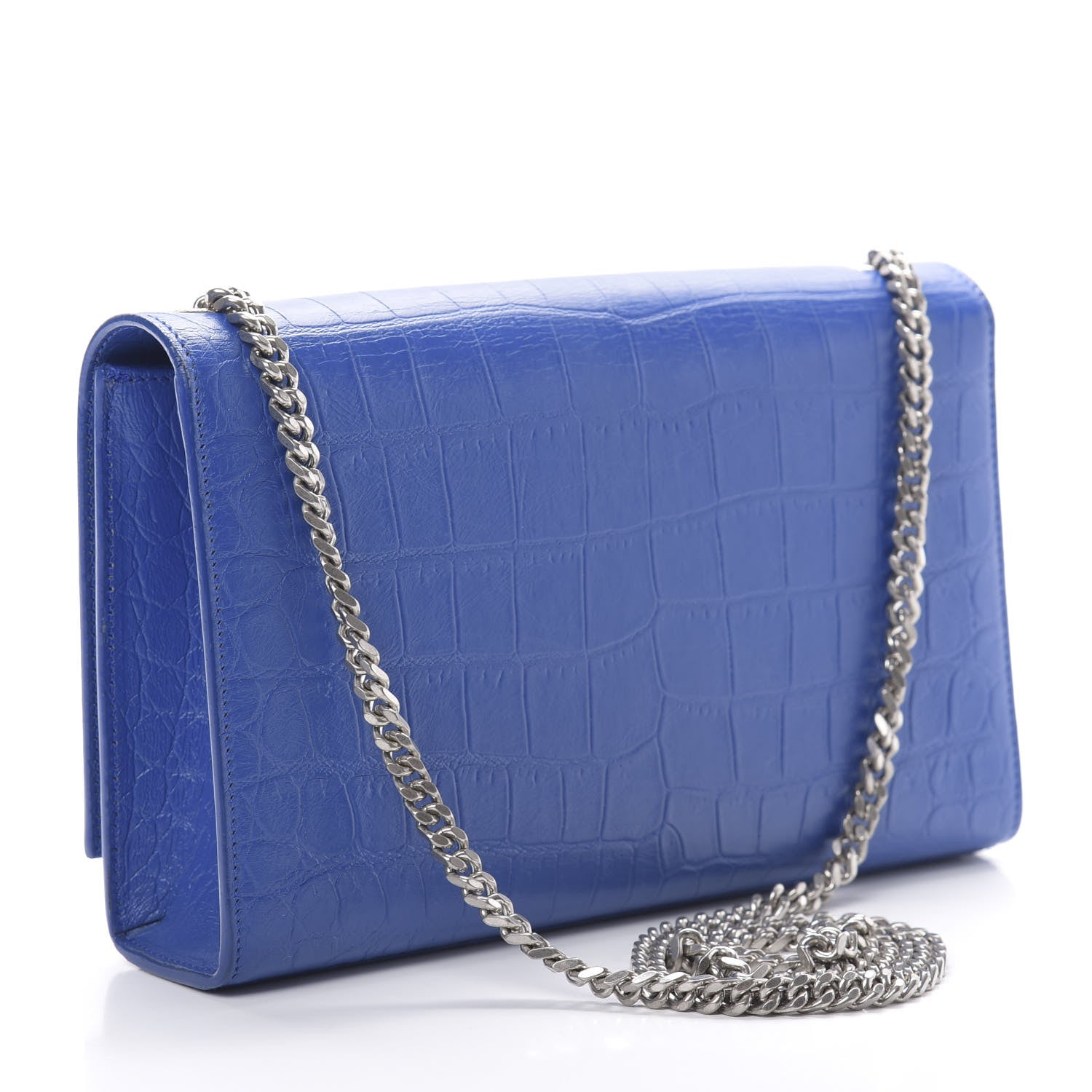 Saint Laurent Calfskin Crocodile Embossed Medium Classic Monogram Kate Tassel Satchel Bleu Majorelle 3 of 12