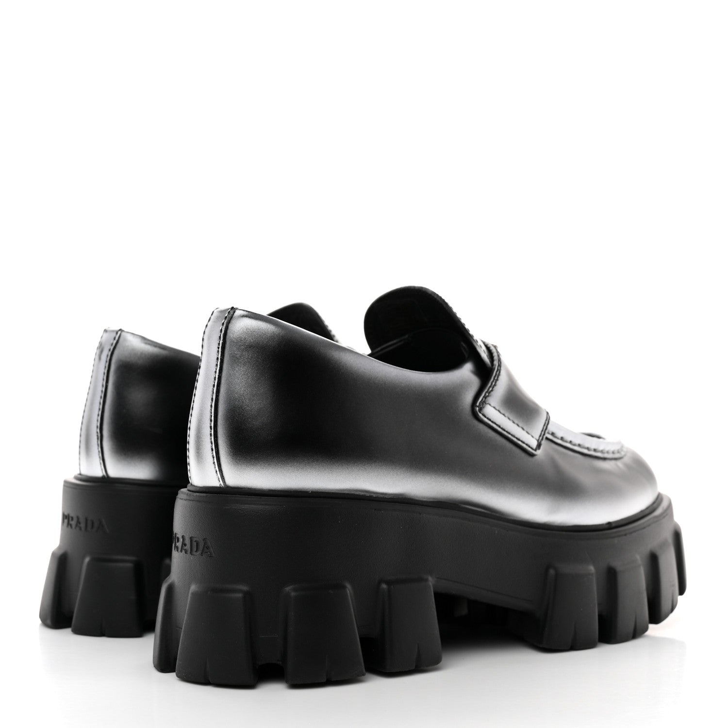 Prada Spazzolato Rois Sfumato Metal Triangle Logo Monolith 60mm Loafers 38 Black Argento 4 of 10