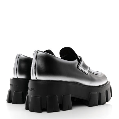 Prada Spazzolato Rois Sfumato Metal Triangle Logo Monolith 60mm Loafers 38 Black Argento 4 of 10