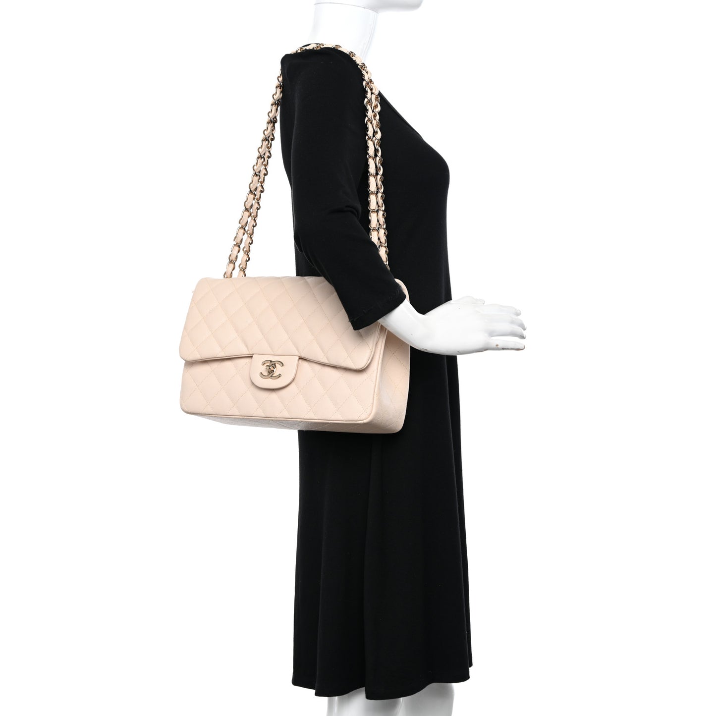 Caviar Quilted Jumbo Double Flap Light Beige