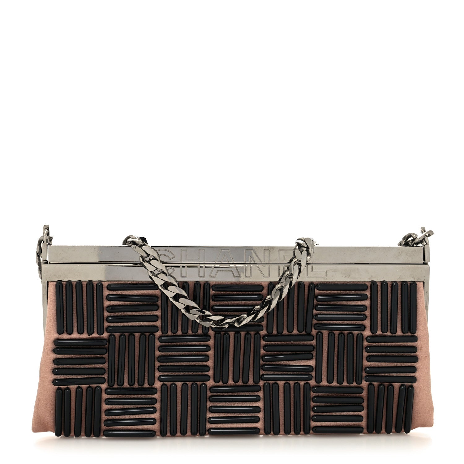 Chanel Metal Satin Beaded Frame Logo Clutch Pink Black Silver 1 of 12