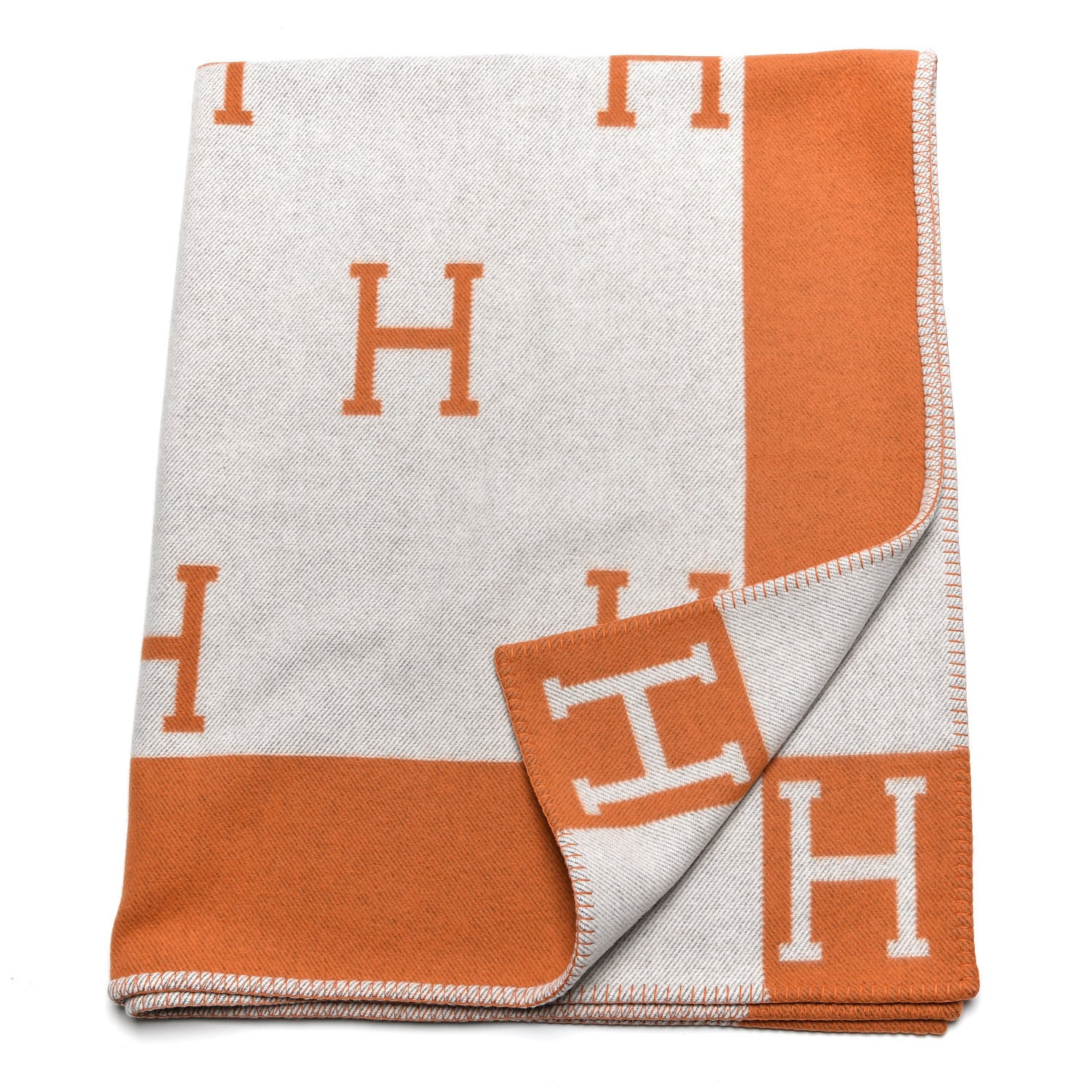 Hermes Wool Cashmere Signature Classic Avalon Blanket Ecru Potiron 3 of 5