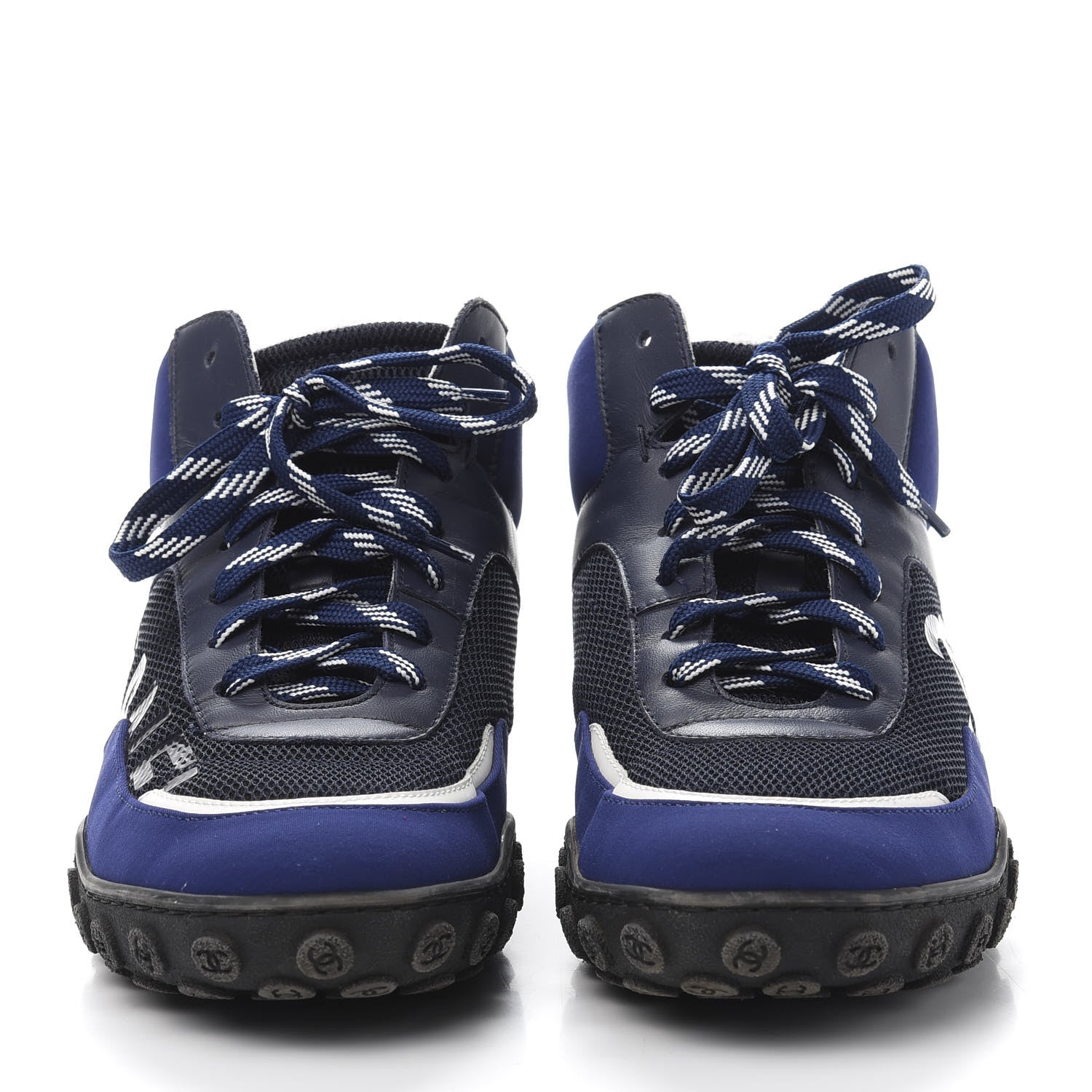 Chanel Calfskin Mesh Lycra Womens Logo High Top Sneakers 36.5 Blue 2 of 10