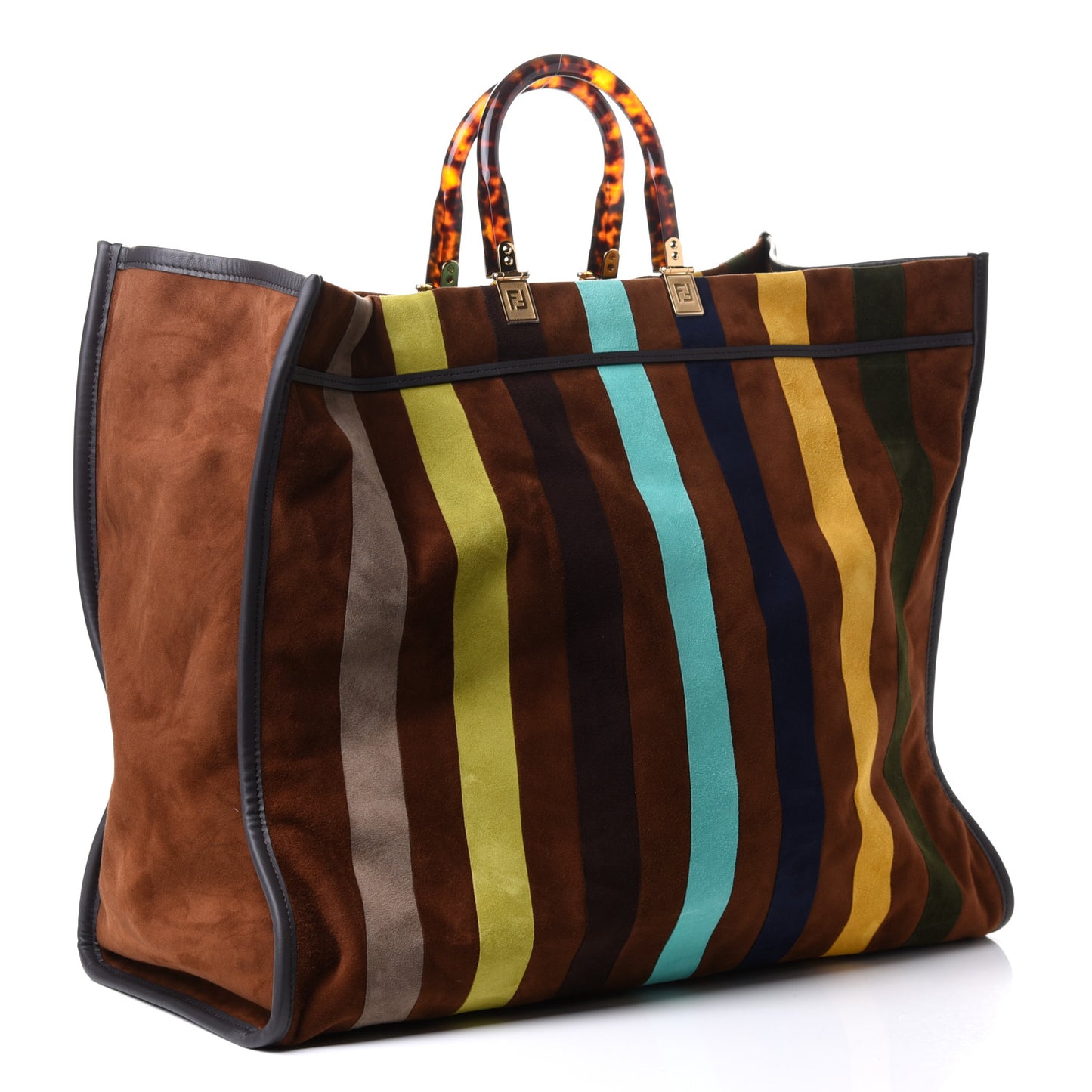 Suede Striped Fendi Sunshine Shopper Tote Brown Multicolor