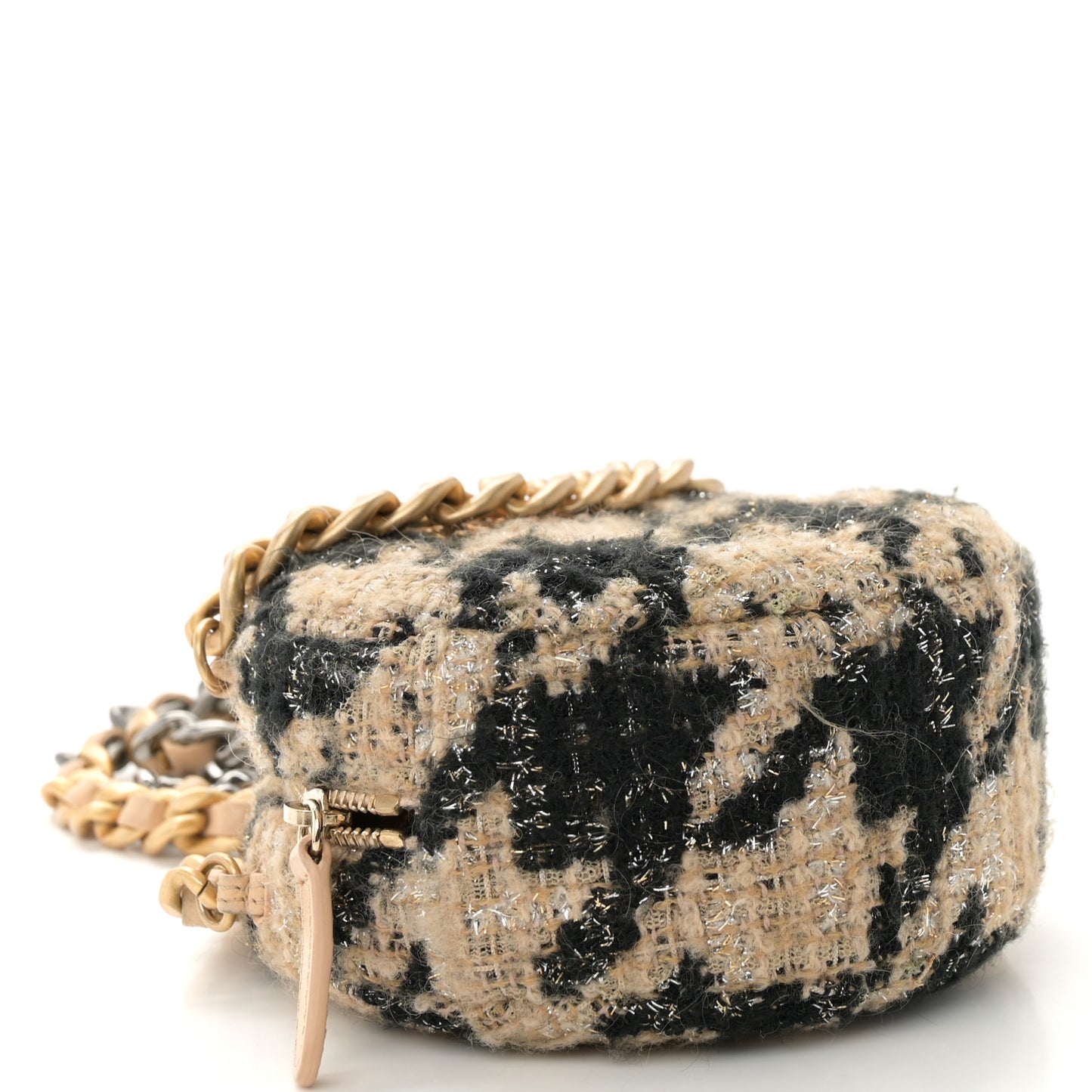Wool Tweed Lambskin Quilted Chanel 19 Round Clutch With Chain and Coin Purse Beige Black