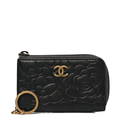 Chanel Lambskin Camellia Embossed Key Holder Case Black 1 of 8
