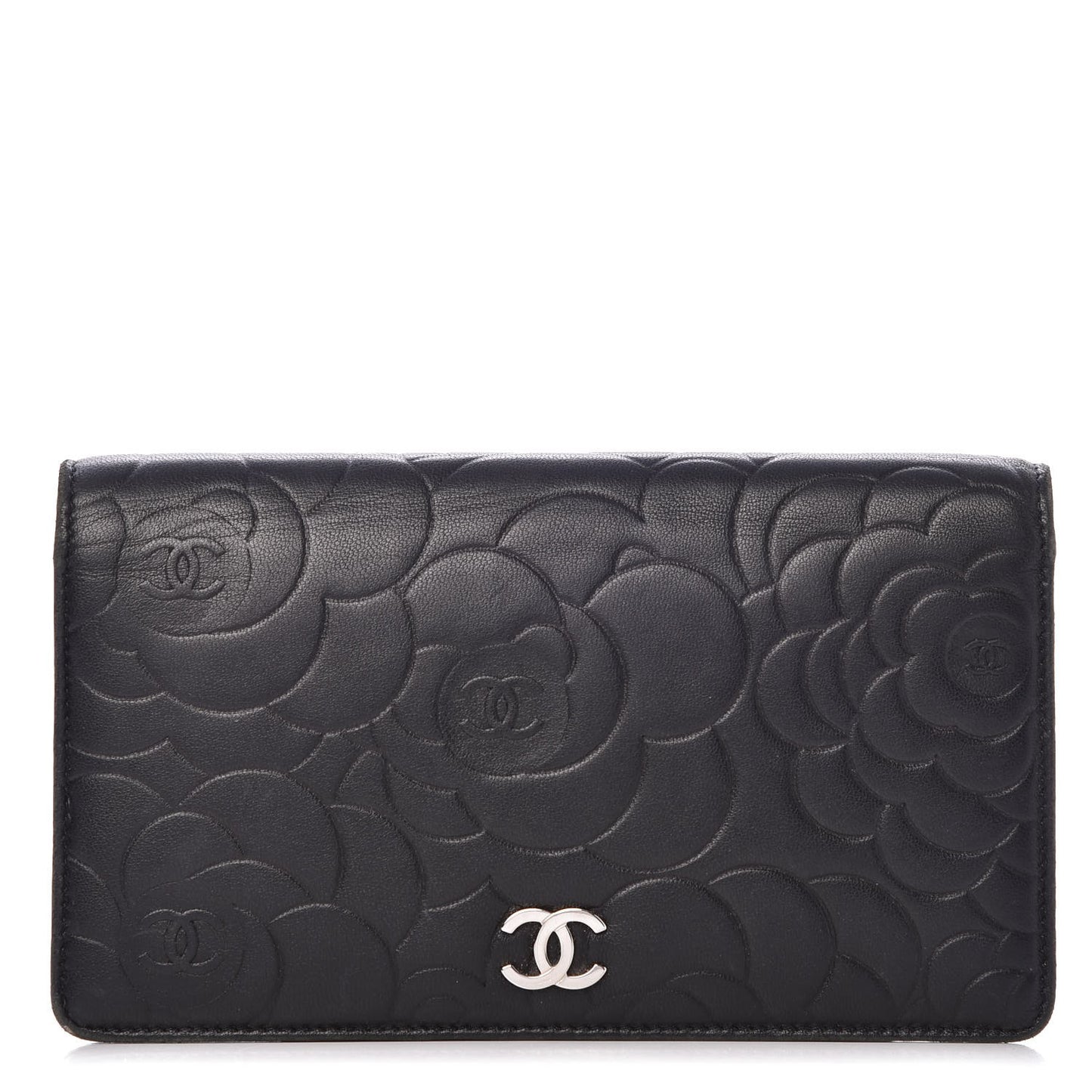 Lambskin Camellia Embossed Yen Wallet Black