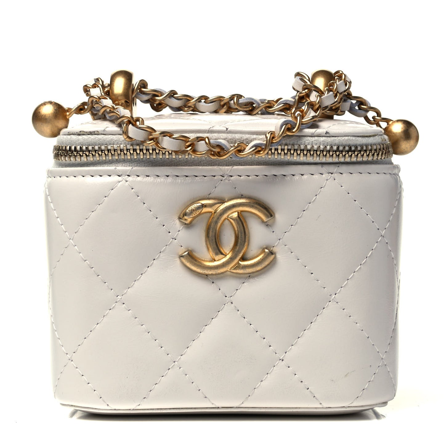 Calfskin Quilted Mini Perfect Fit Vanity Case With Chain White