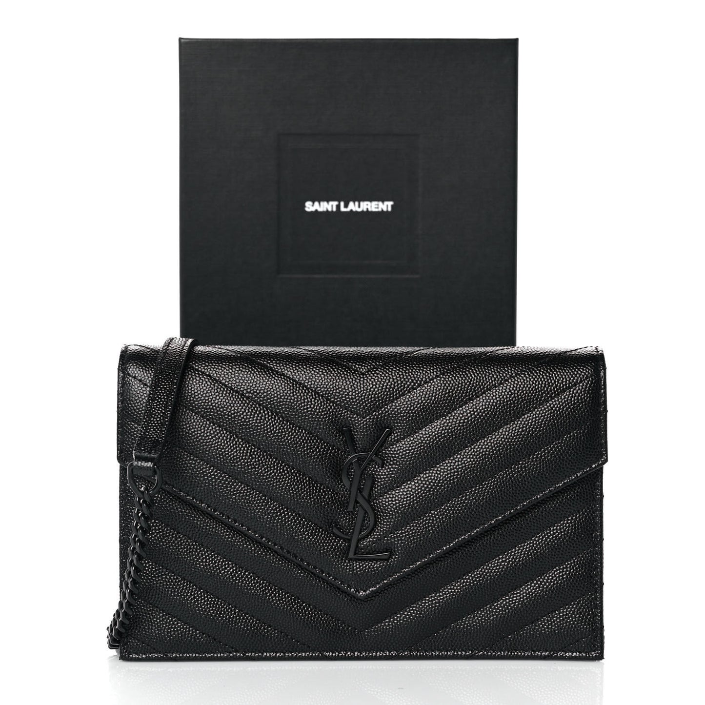 Grain De Poudre Matelasse Chevron Monogram Monochrome Envelope Chain Wallet Black