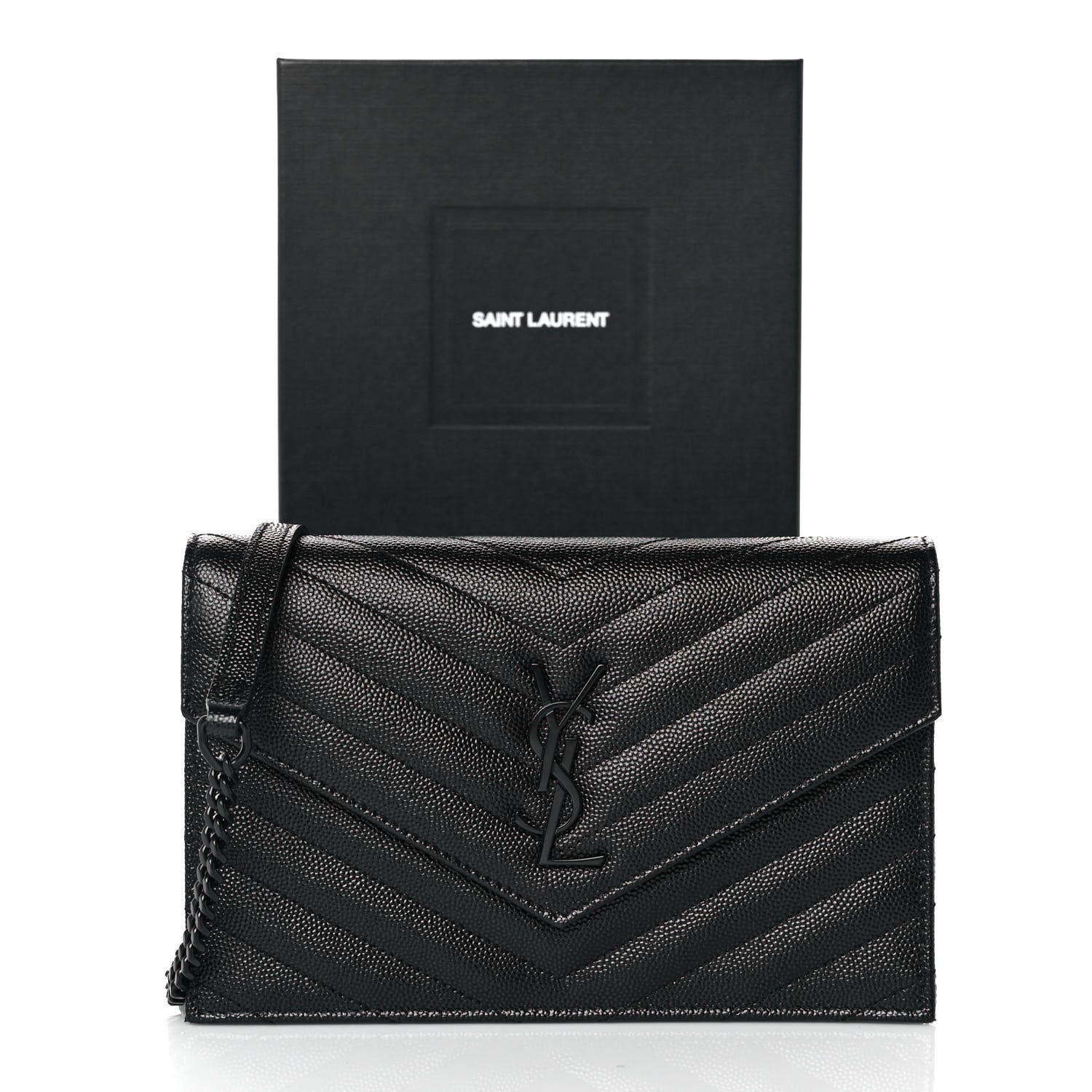 Saint Laurent Grain De Poudre Matelasse Chevron Monogram Monochrome Envelope Chain Wallet Black 9 of 9