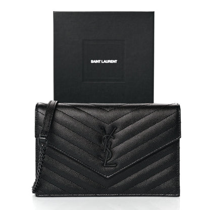 Saint Laurent Grain De Poudre Matelasse Chevron Monogram Monochrome Envelope Chain Wallet Black 9 of 9
