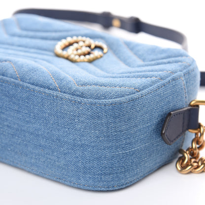 Gucci Denim Matelasse Mini Pearly GG Marmont Chain Shoulder Bag Blue 9 of 9
