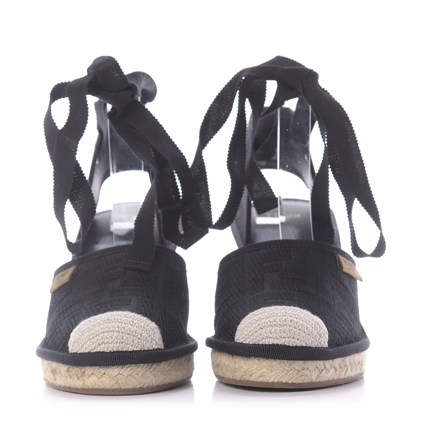 Canvas FF Embroidered Roma Ankle Wrap Espadrille Wedges 38 Black