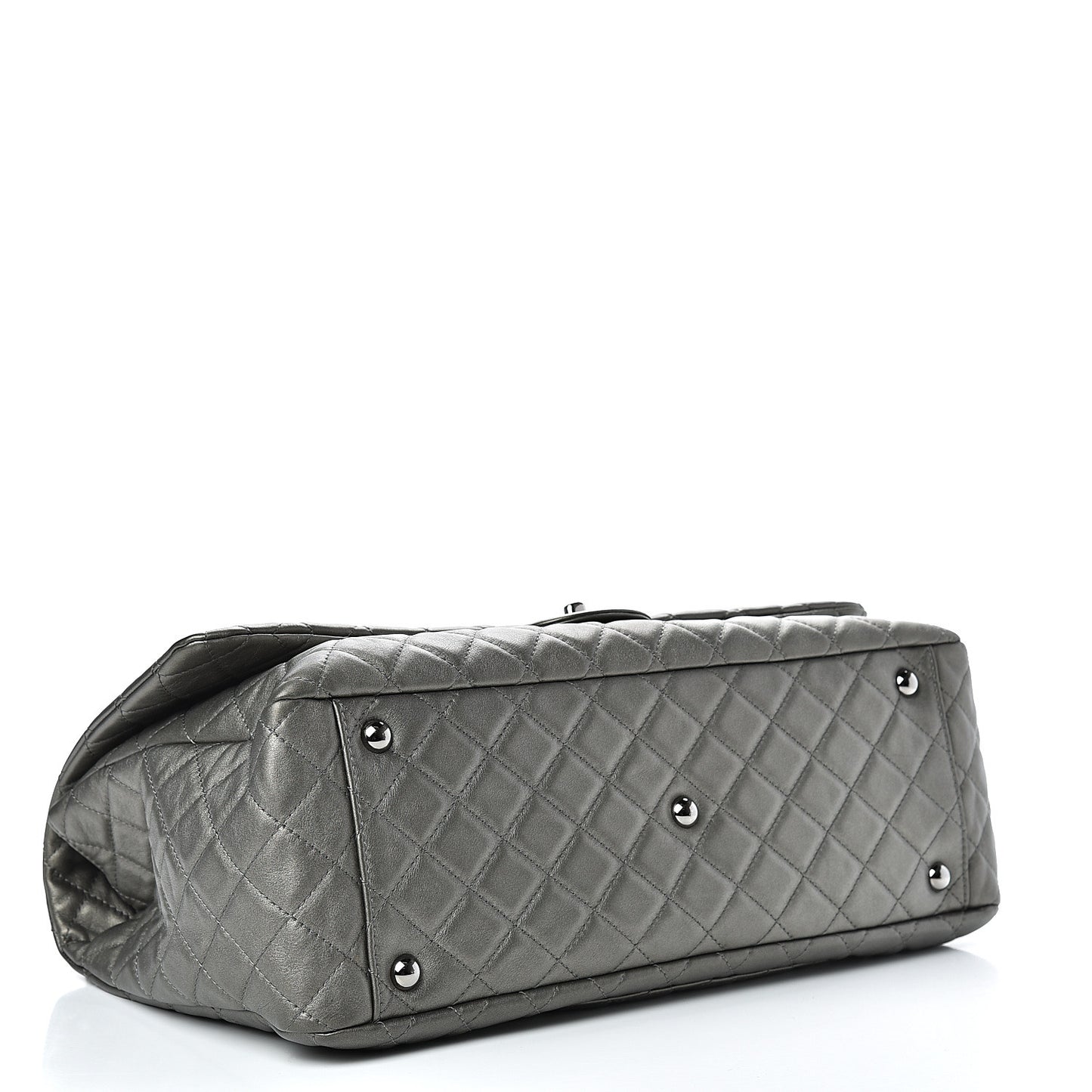 Metallic Calfskin Quilted XXL Travel Flap Bag Dark Silver