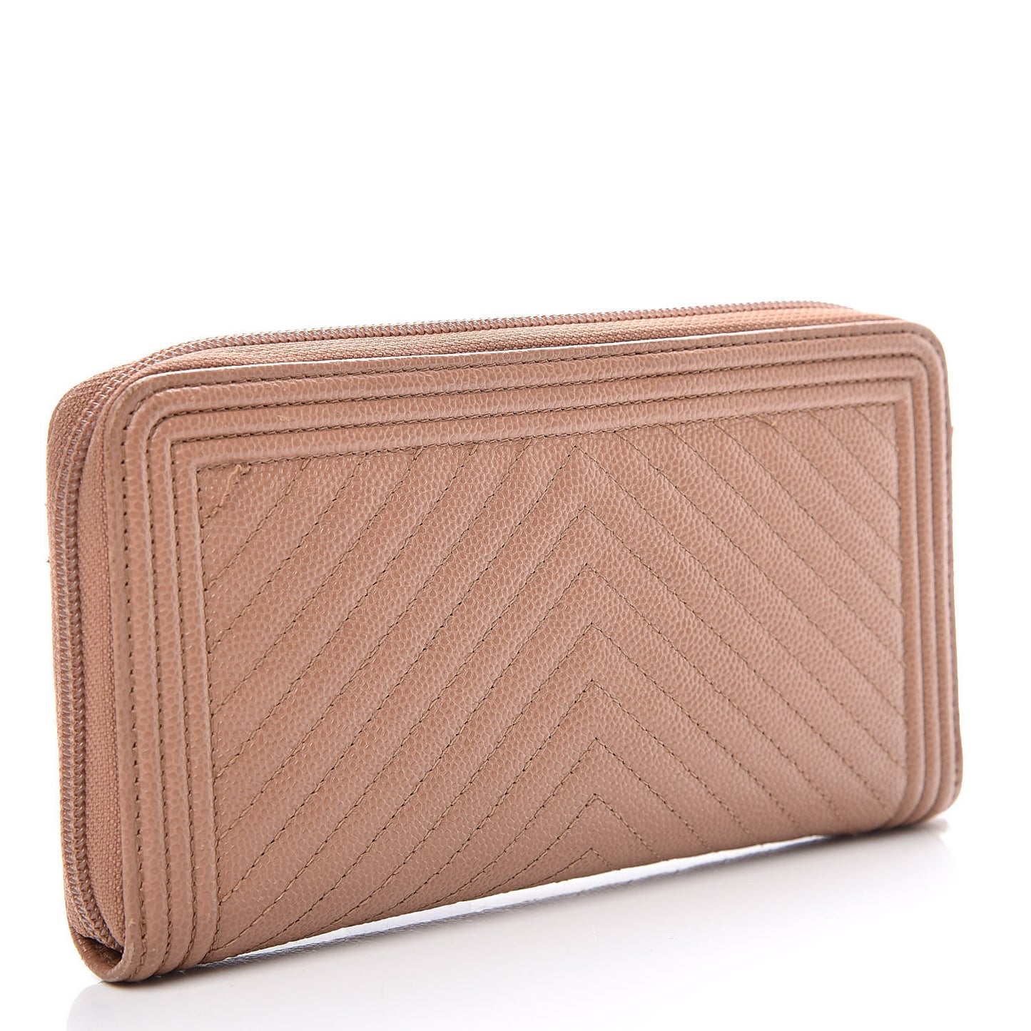 Caviar Chevron Quilted Zip Around Boy Wallet Light Brown