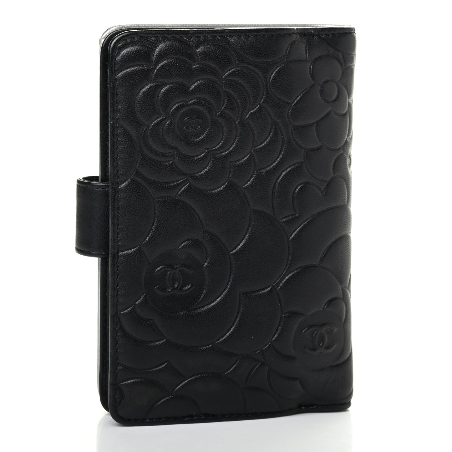 Lambskin Camellia Embossed Zipped Pocket Wallet Black