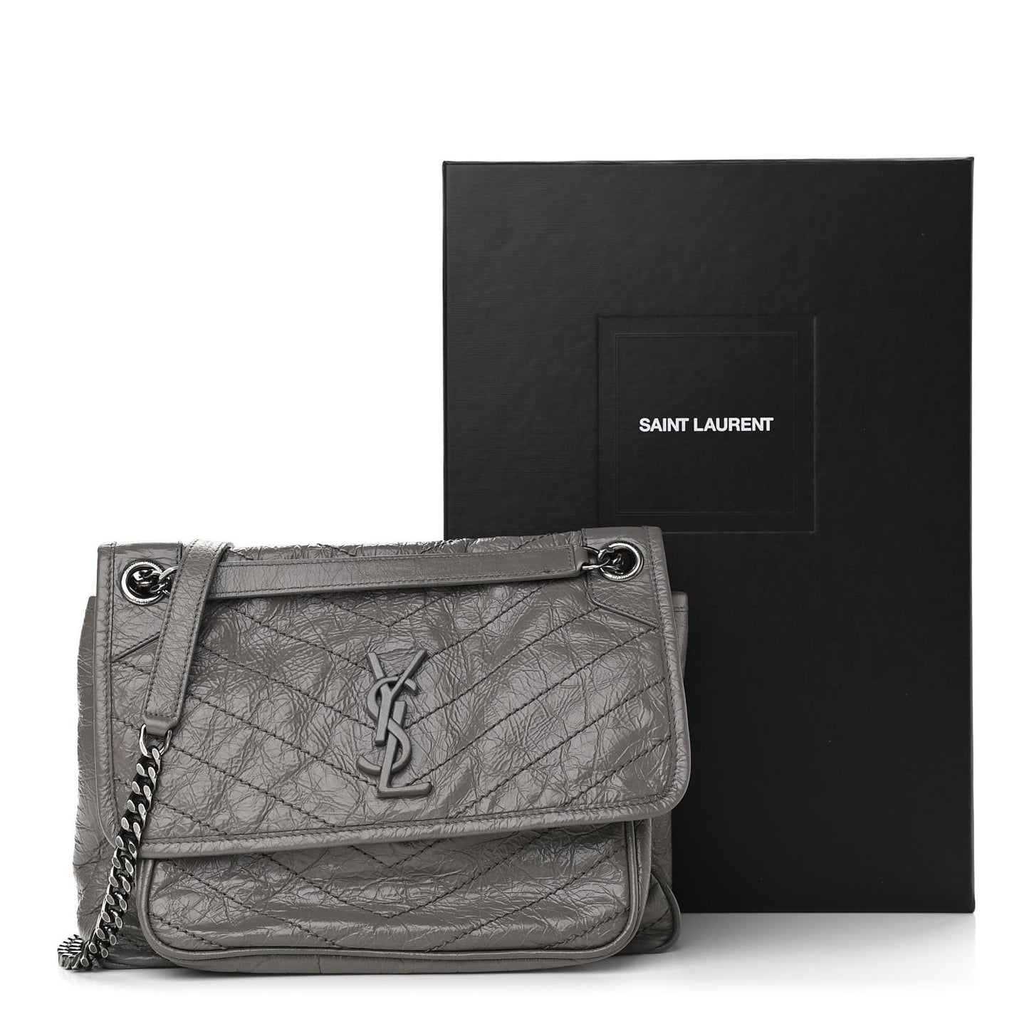 Crinkled Calfskin Matelasse Monogram Medium Niki Chain Satchel Fog