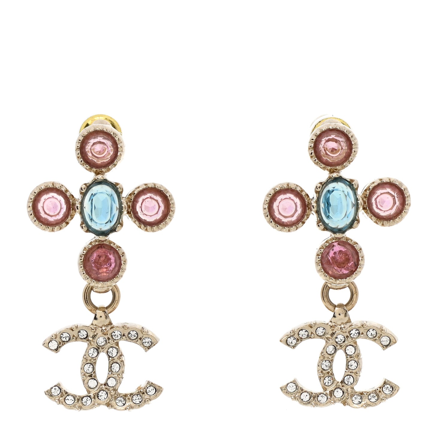 Crystal CC Drop Earrings Pink Blue Gold