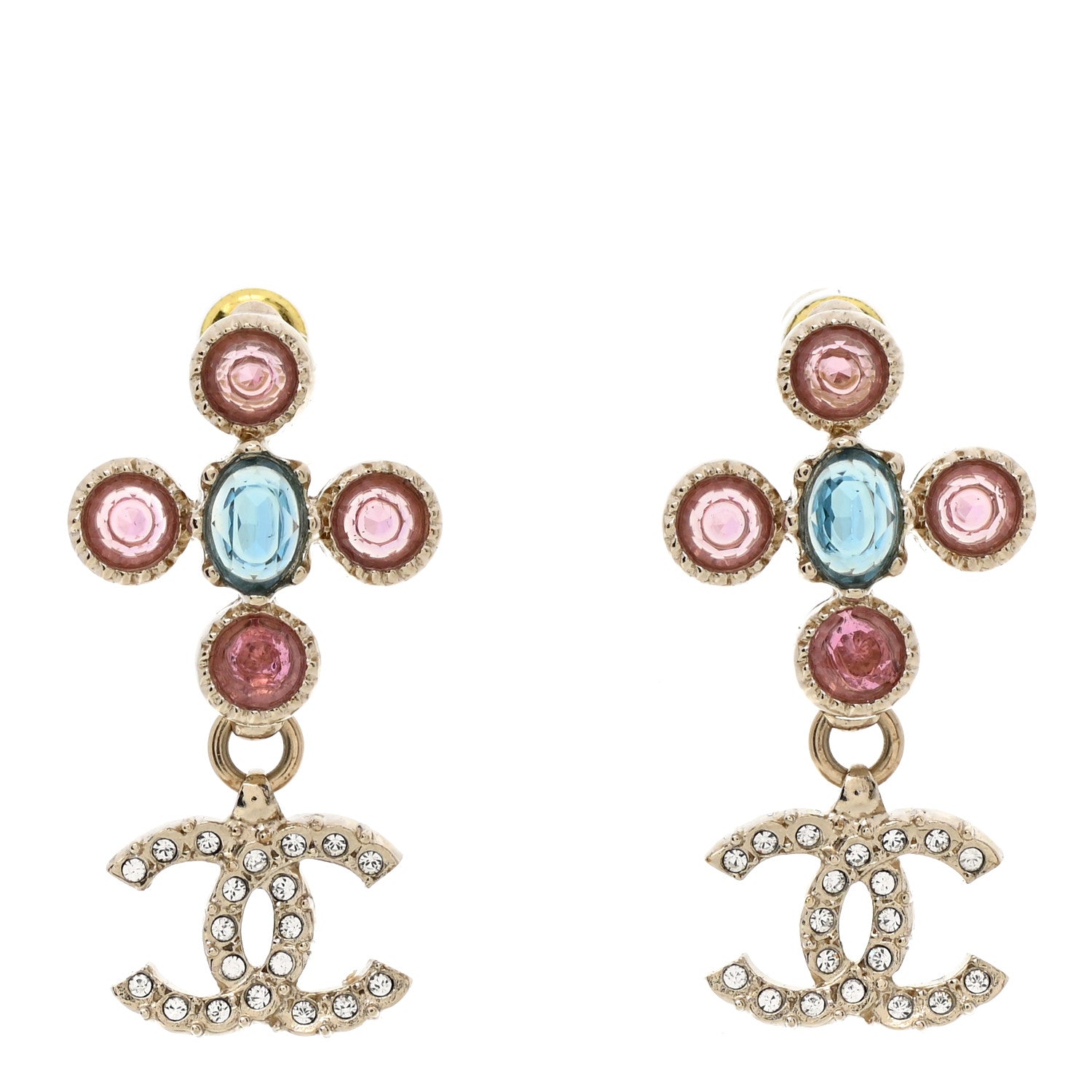 Chanel Crystal CC Drop Earrings Pink Blue Gold 1 of 5