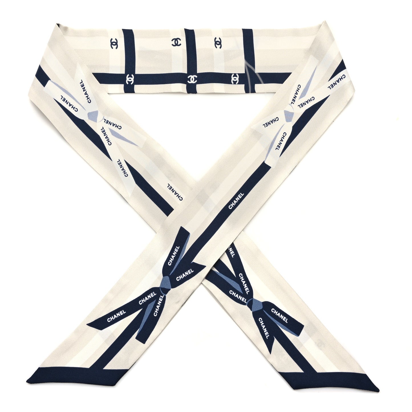 Silk Logo Slim Bandeau Scarf Ecru Navy Blue