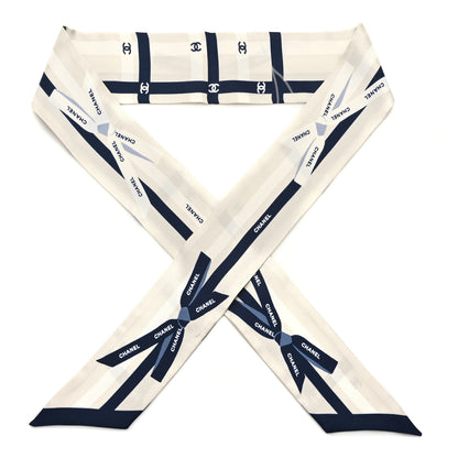 Chanel Silk Logo Slim Bandeau Scarf Ecru Navy Blue 1 of 3