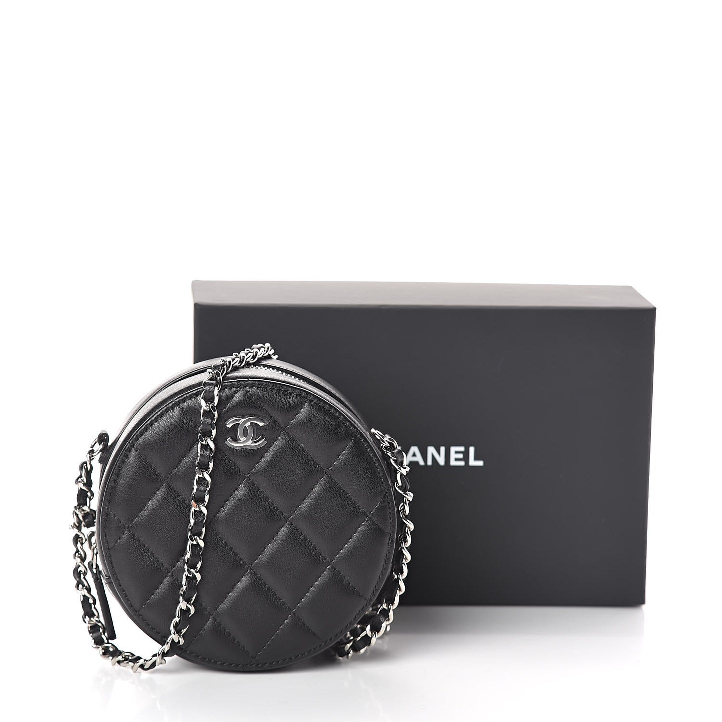 Lambskin Quilted Round Clutch With Chain Black