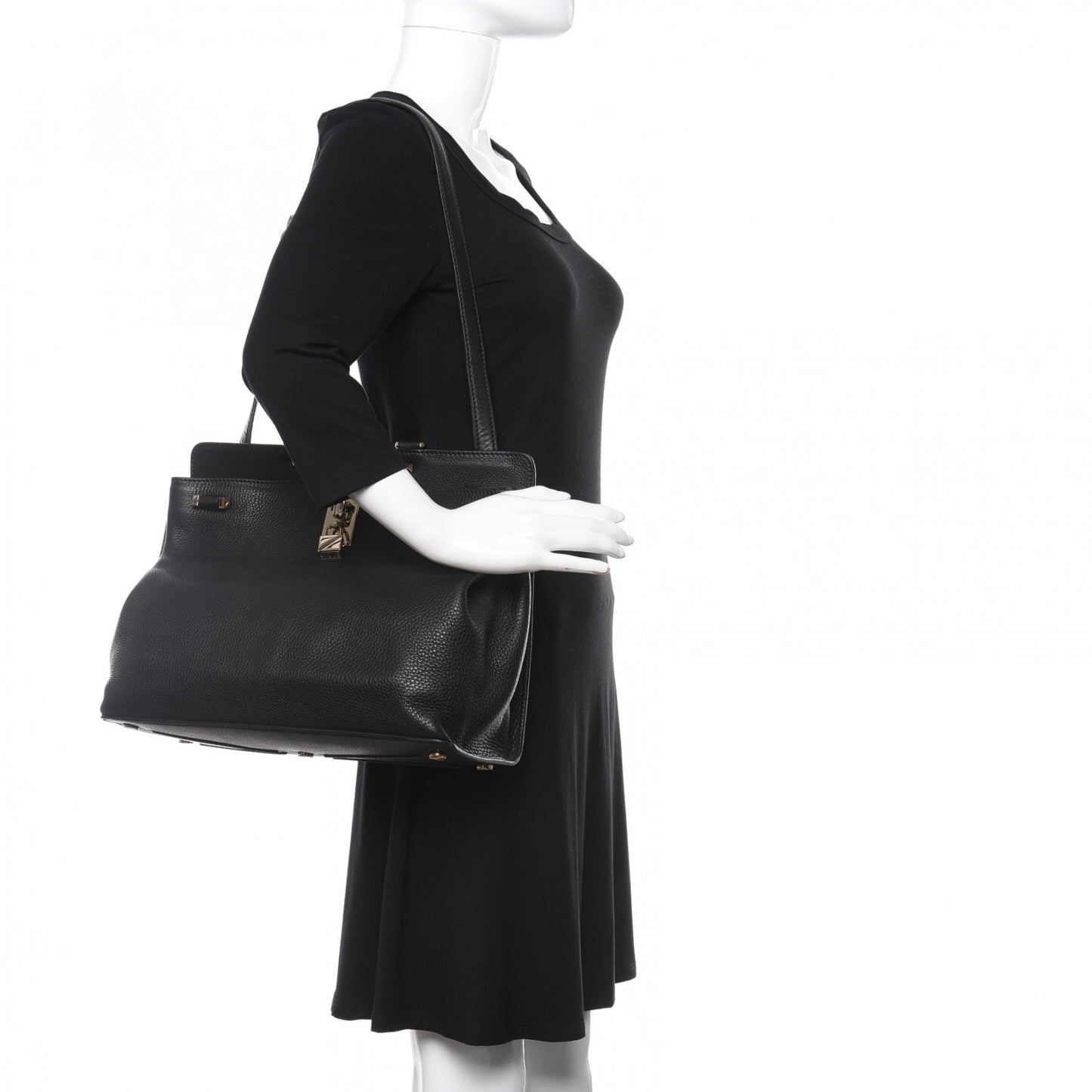 Pebbled Calfskin Large JoyLock Satchel Black