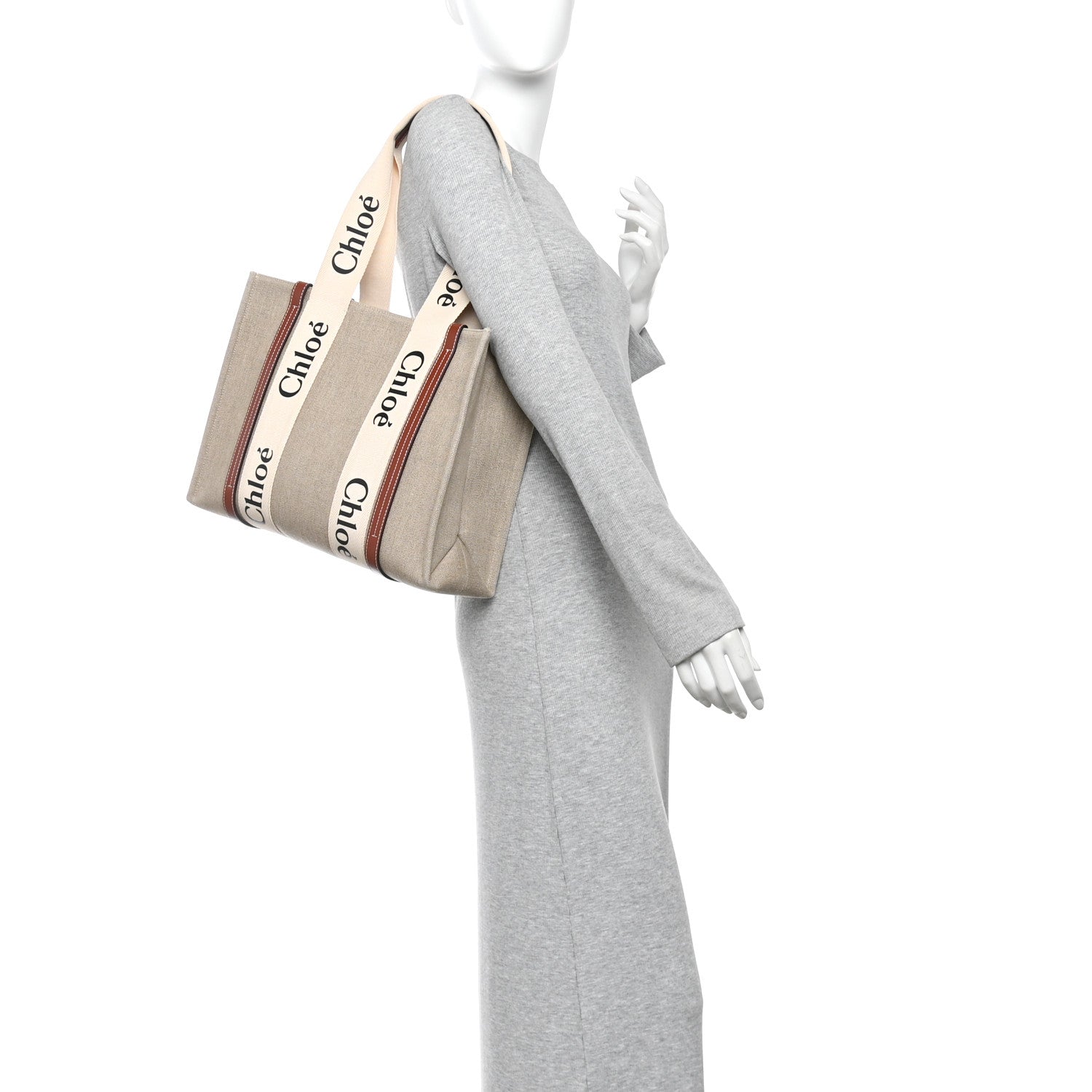 Chloe Linen Calfskin Medium Woody Ribbon Tote White Brown 2 of 14