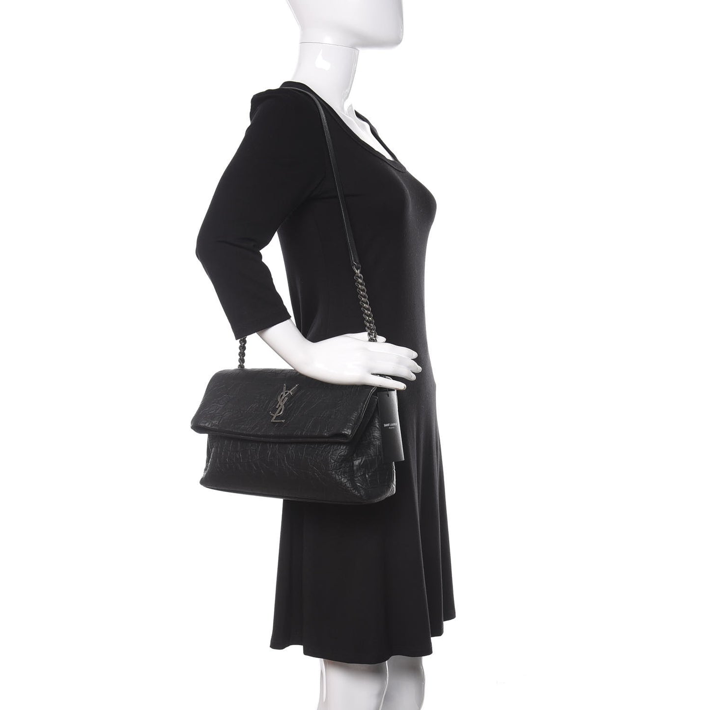 Calfskin Crocodile Embossed Medium West Hollywood Monogram Fold-Over Black