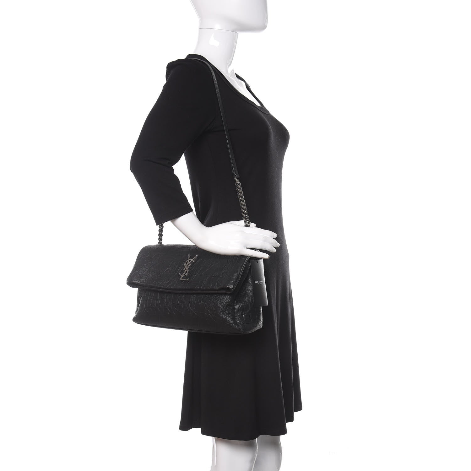 Saint Laurent Calfskin Crocodile Embossed Medium West Hollywood Monogram Fold-Over Black 2 of 12
