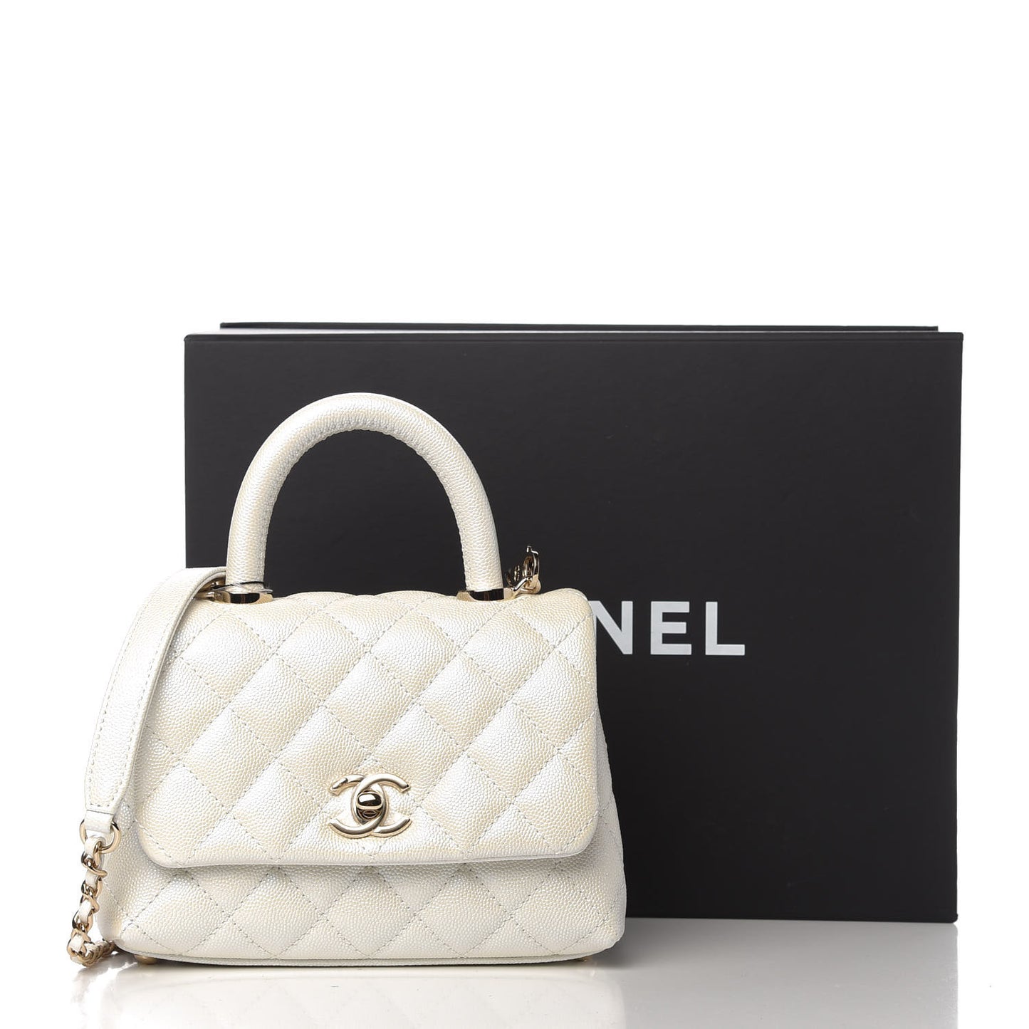 Iridescent Caviar Quilted Extra Mini Coco Handle Flap Ivory