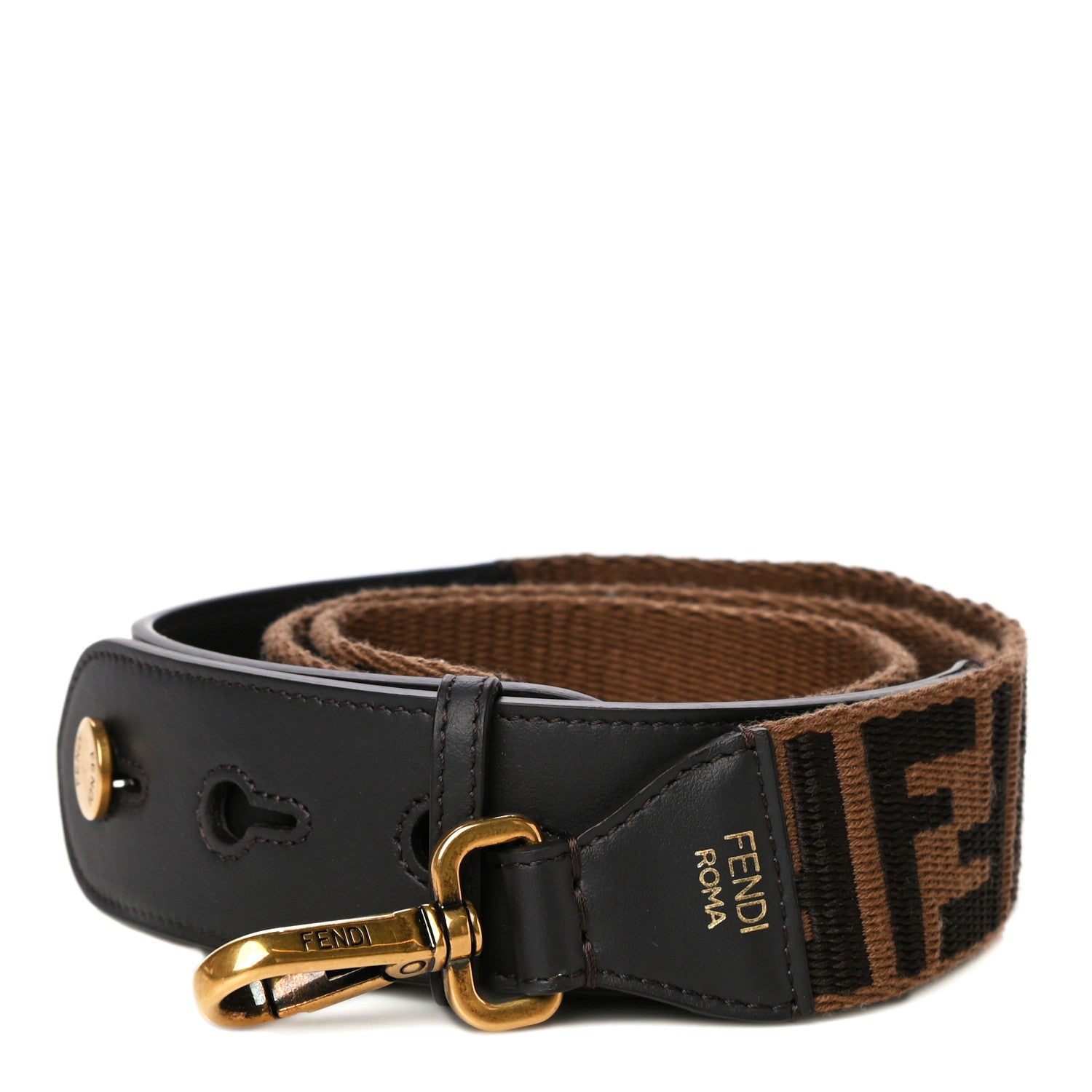 Fendi Ribbon Vitello Century FF 1974 Flat Studded Strap You Fango Marrone Ebano 1 of 6