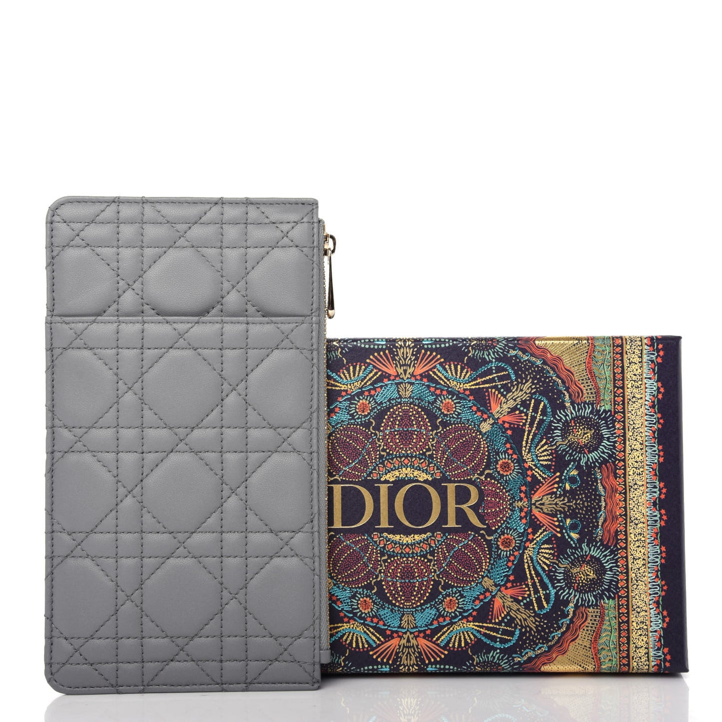 Lambskin Cannage Large Lady Dior Zip Wallet Grey