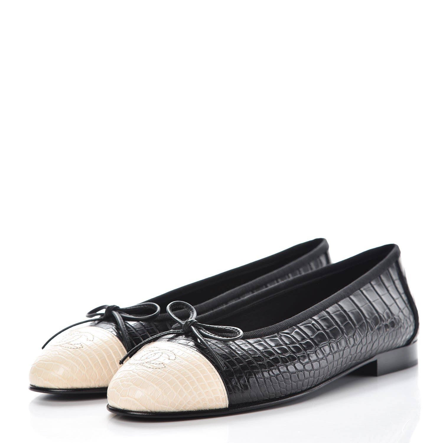 Chanel Crocodile Patent CC Cap Toe Ballerina Flats 38 Black 3 of 8