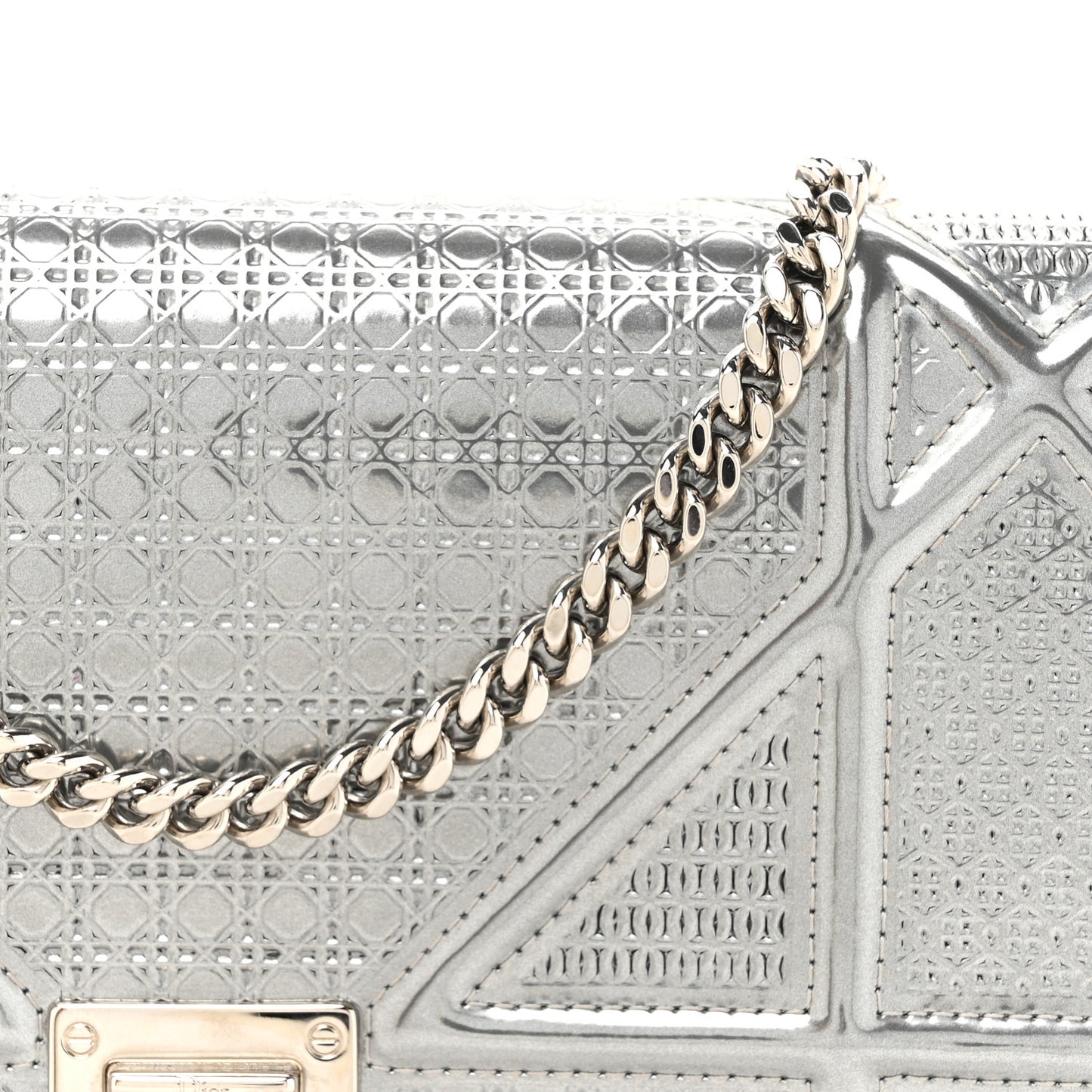 Metallic Patent Micro-Cannage Diorama Wallet on Chain Pouch Silver
