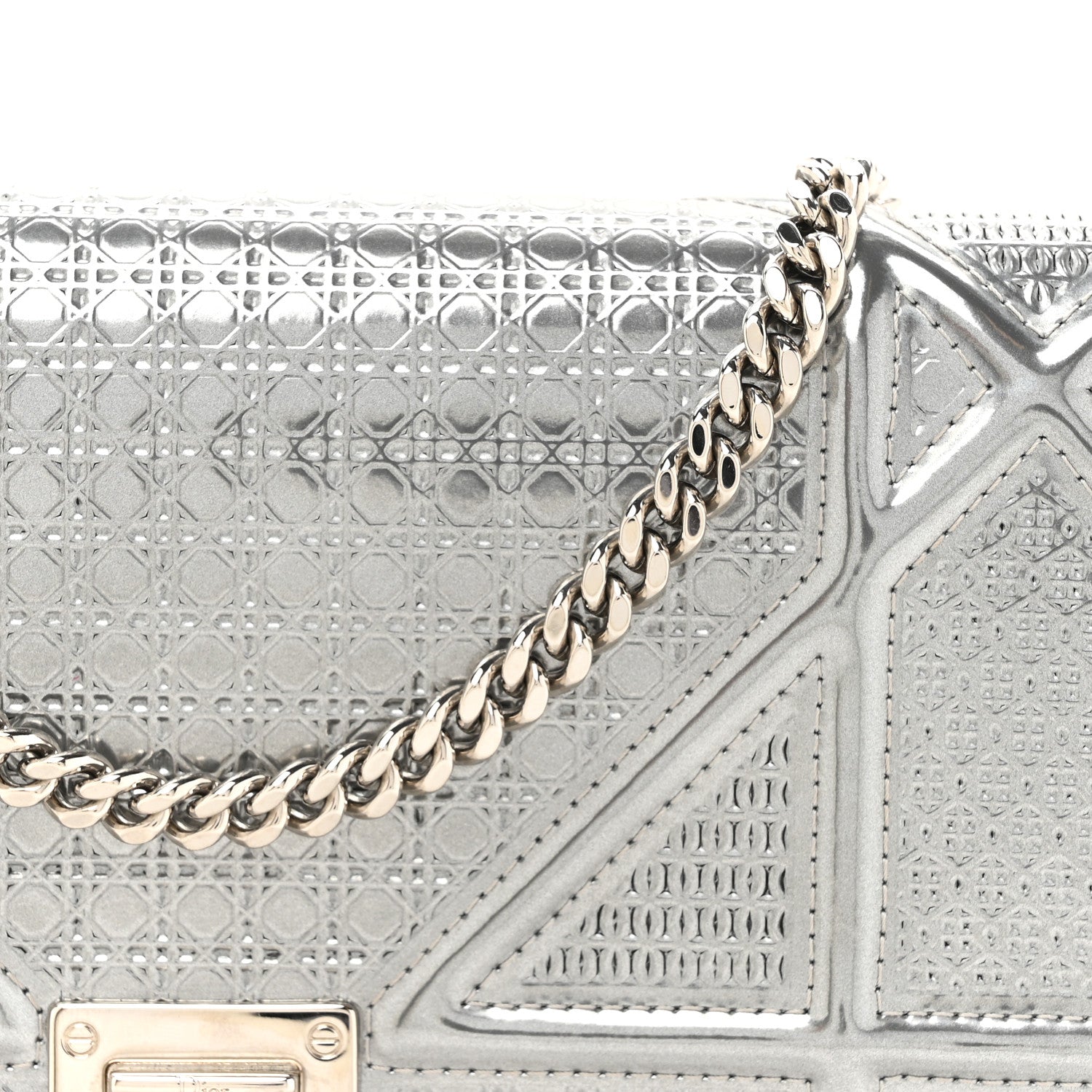 Christian Dior Metallic Patent Micro-Cannage Diorama Wallet on Chain Pouch Silver 8 of 13
