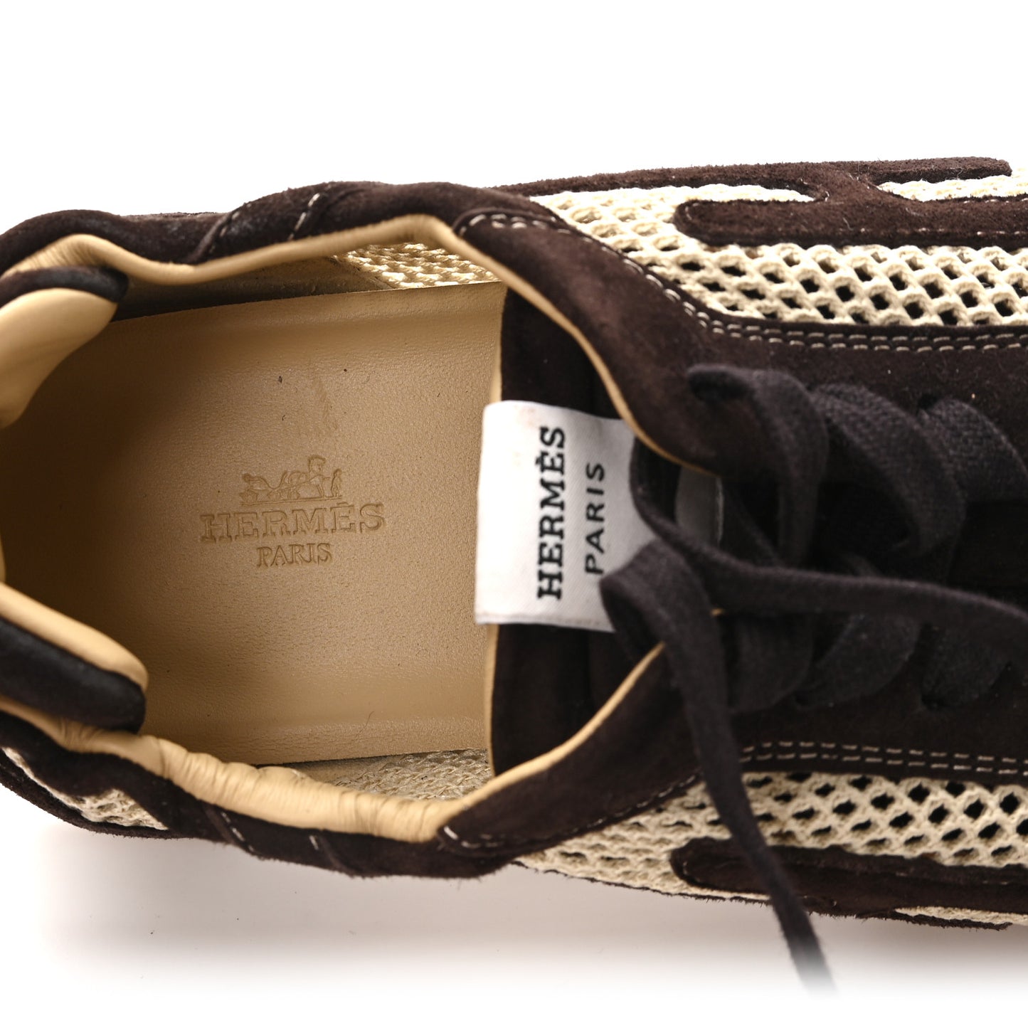Crochet Knit Suede Goatskin Mens Jet Sneakers 44.5 Beige Lin Marron Ebene