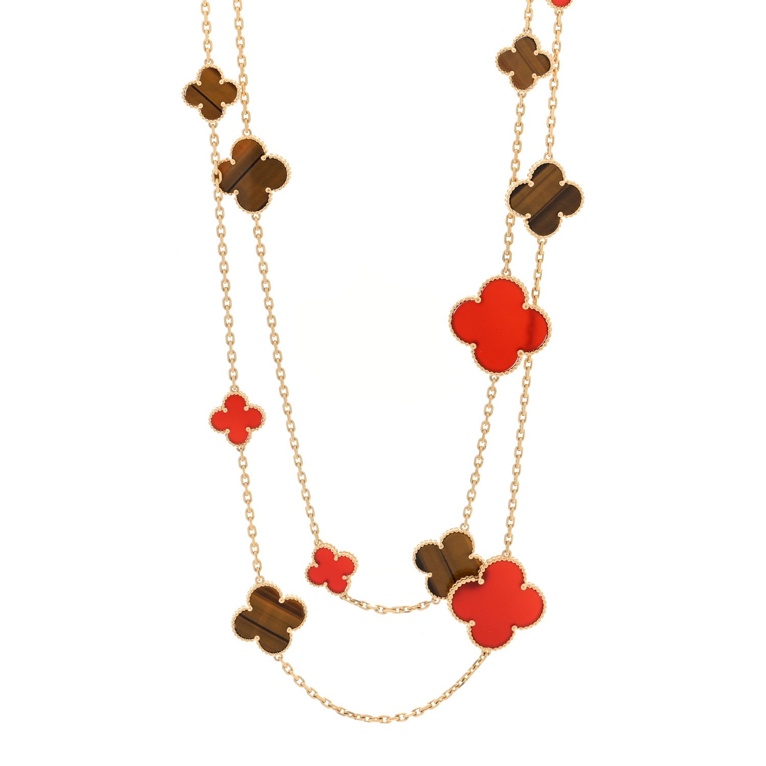 Van Cleef & Arpels 18K Yellow Gold Tiger Eye Carnelian 16 Motifs Magic Alhambra Necklace 1 of 10