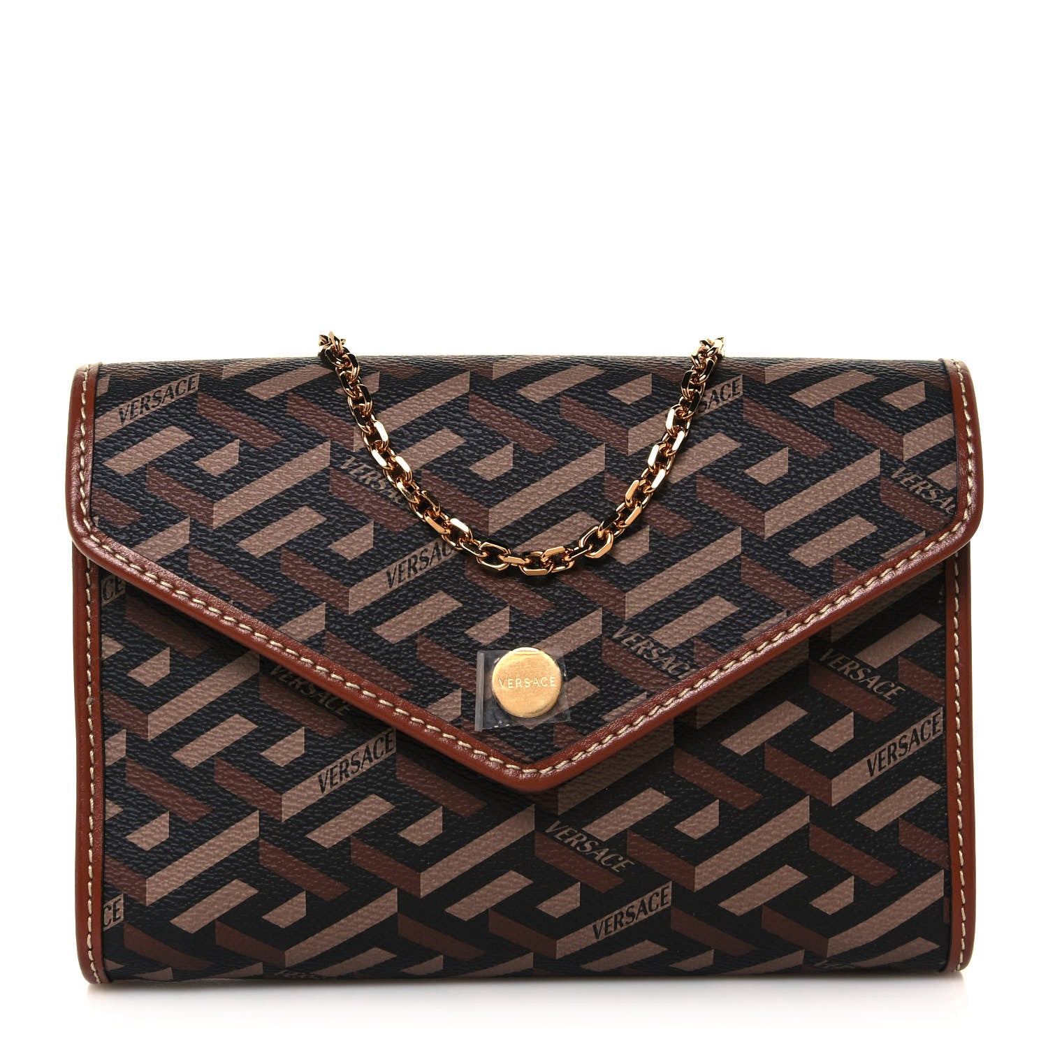 Versace Coated Canvas La Greca Signature Wallet On Chain Black Caramel 1 of 14
