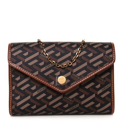 Versace Coated Canvas La Greca Signature Wallet On Chain Black Caramel 1 of 14