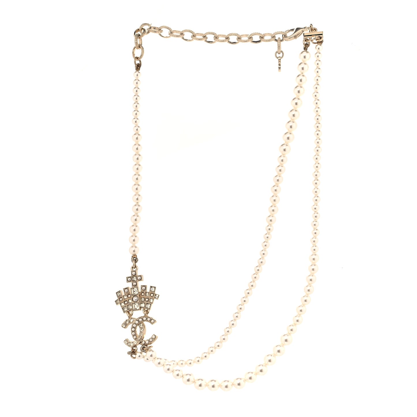 Pearl Crystal CC Crown Multi Strand Necklace Gold