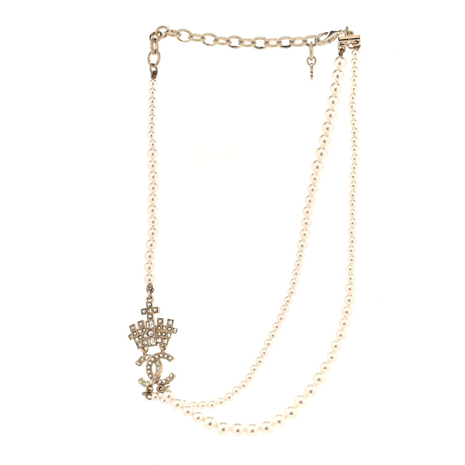 Chanel Pearl Crystal CC Crown Multi Strand Necklace Gold 3 of 6