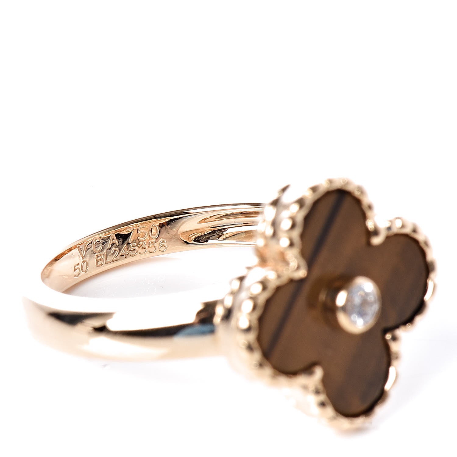 Van Cleef & Arpels 18K Yellow Gold Diamond Tiger's Eye Vintage Alhambra Ring 50 5.25 5 of 5